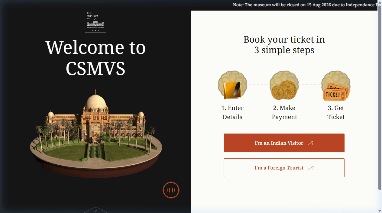 Screenshot of BMC Museum (CSMVS) Online & Kiosk Ticketing